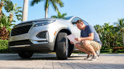 A sedan car rental driving through a flooded, palm tree-lined street in Florida after a heavy rain shower
