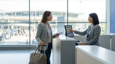 A modern car rental driving across a bridge with the iconic New York City skyline visible in the distance