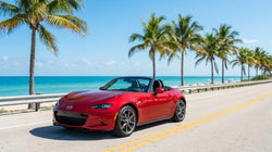 Silver car rental driving on a sunny coastal road in Florida surrounded by palm trees