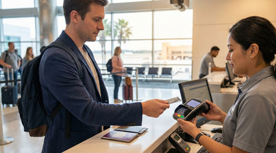 A sedan for a car hire drives on a scenic highway through the rolling hills of Texas at sunset