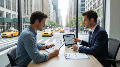 A modern car rental driving through busy traffic on a street in New York City with yellow cabs