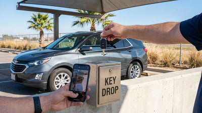 A hand dropping car keys into a metal key drop box for a Texas car hire at a rental agency lot