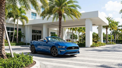 A red convertible car rental parked on a scenic road next to a sunny Florida beach with palm trees