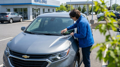 A driver inspects the Pennsylvania inspection sticker on the windshield of their car hire