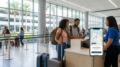 Travelers walk through the bright Miami airport terminal on their way to pick up a car rental
