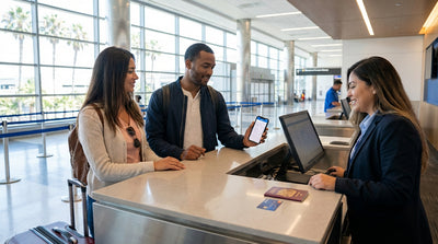 A red convertible car hire driving down a sunny, palm-lined street in Los Angeles
