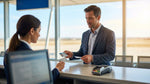 A person's hand receiving keys from an agent at a car rental desk in Texas