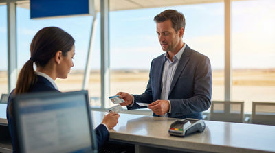 A person's hand receiving keys from an agent at a car rental desk in Texas
