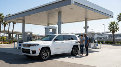 A red car hire driving across the Golden Gate Bridge on a clear day in San Francisco