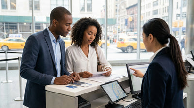 A modern car hire driving across the Brooklyn Bridge towards the iconic New York City skyline