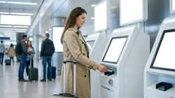 Passengers boarding an AirTrain at a JFK airport platform in New York below a car rental sign