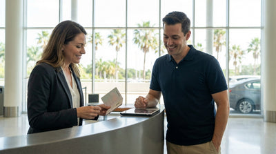 A traveler holding a passport and keys for their car hire at a desk in a sunny California airport