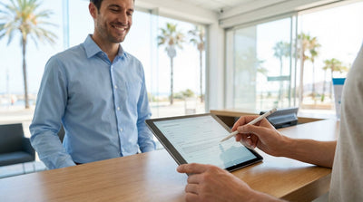 A customer at a car hire counter in Miami signs a digital agreement on a tablet before getting their keys