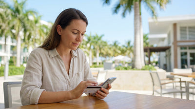 A person plugs a charger into a sleek electric car rental in a sunny Florida parking lot with palm trees