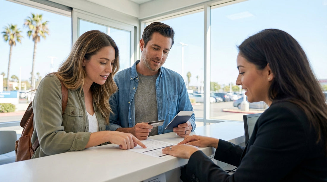 A red convertible car rental on a scenic coastal drive along the Big Sur highway in California