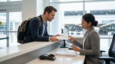 A person presents their passport and documents to an agent at a US airport car hire desk with keys on the counter