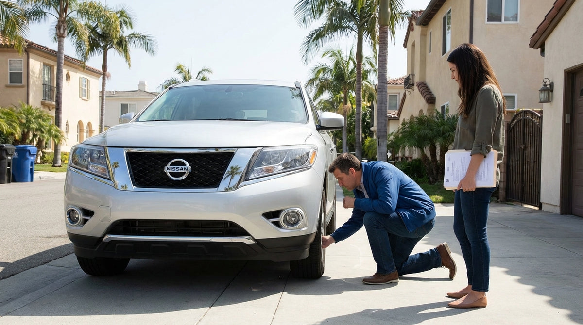 A modern car hire vehicle parked on a sunny, palm tree-lined street in Los Angeles
