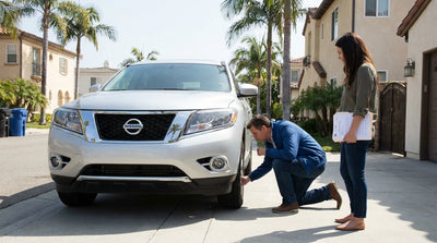 A modern car hire vehicle parked on a sunny, palm tree-lined street in Los Angeles