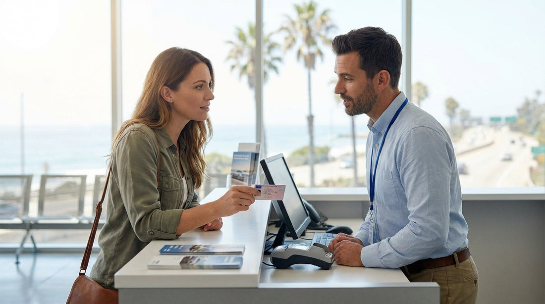 A red convertible car hire driving along a scenic coastal highway in California with the blue ocean in the background