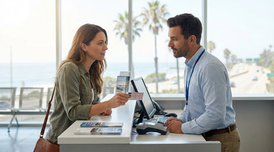A red convertible car hire driving along a scenic coastal highway in California with the blue ocean in the background