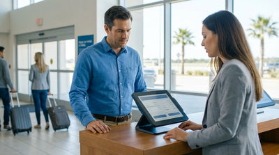 A driver's view from a car hire looking down a long, scenic highway under a big blue sky in Texas