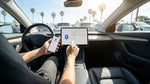 Driver holding a smartphone next to the digital dashboard screen inside a California car rental