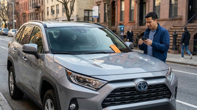A parking ticket on the windshield of a car hire vehicle parked on a busy street in New York