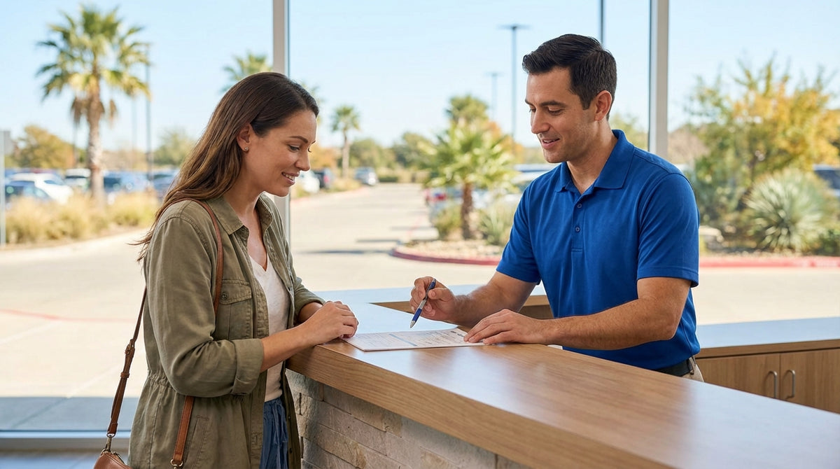 A modern car rental driving down a wide open highway through the Texas countryside under a big sky