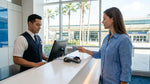 Close-up of a customer handing a credit card to an agent at a car rental desk in Orlando