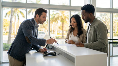 A red convertible car rental driving along Ocean Drive in Miami with sunny Art Deco buildings