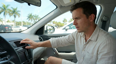 A driver's hand on the air conditioning controls of their car hire on a sunny day in Miami with palm trees visible
