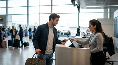 A traveler at a car rental counter inside JFK airport in New York handing over their passport to an agent