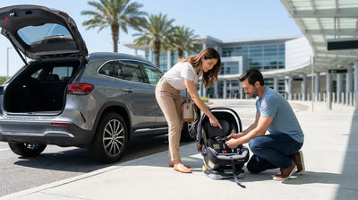 A parent inspects a child's car seat before installing it in their Orlando car hire vehicle