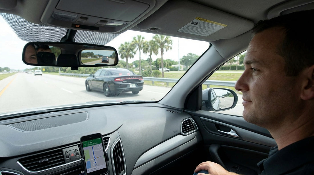 An unmarked police car with flashing lights pulls over a car hire vehicle on a sunny Florida highway