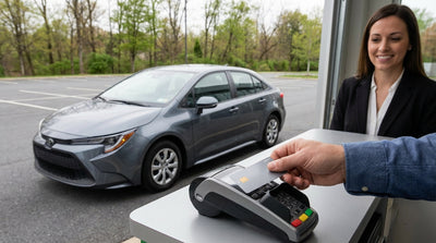A person holds a debit card at a counter, completing the payment for their car hire in Pennsylvania