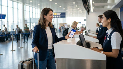 Traveler pulling a suitcase through an airport terminal towards a car rental pick-up area in New York