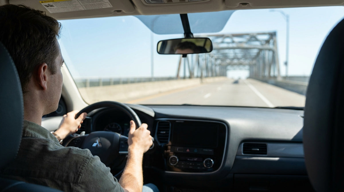 A view from a car hire on a multi-lane bridge approach in Pittsburgh, Pennsylvania