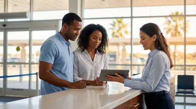 A car rental drives down an open road through the Texas desert under a vast blue sky