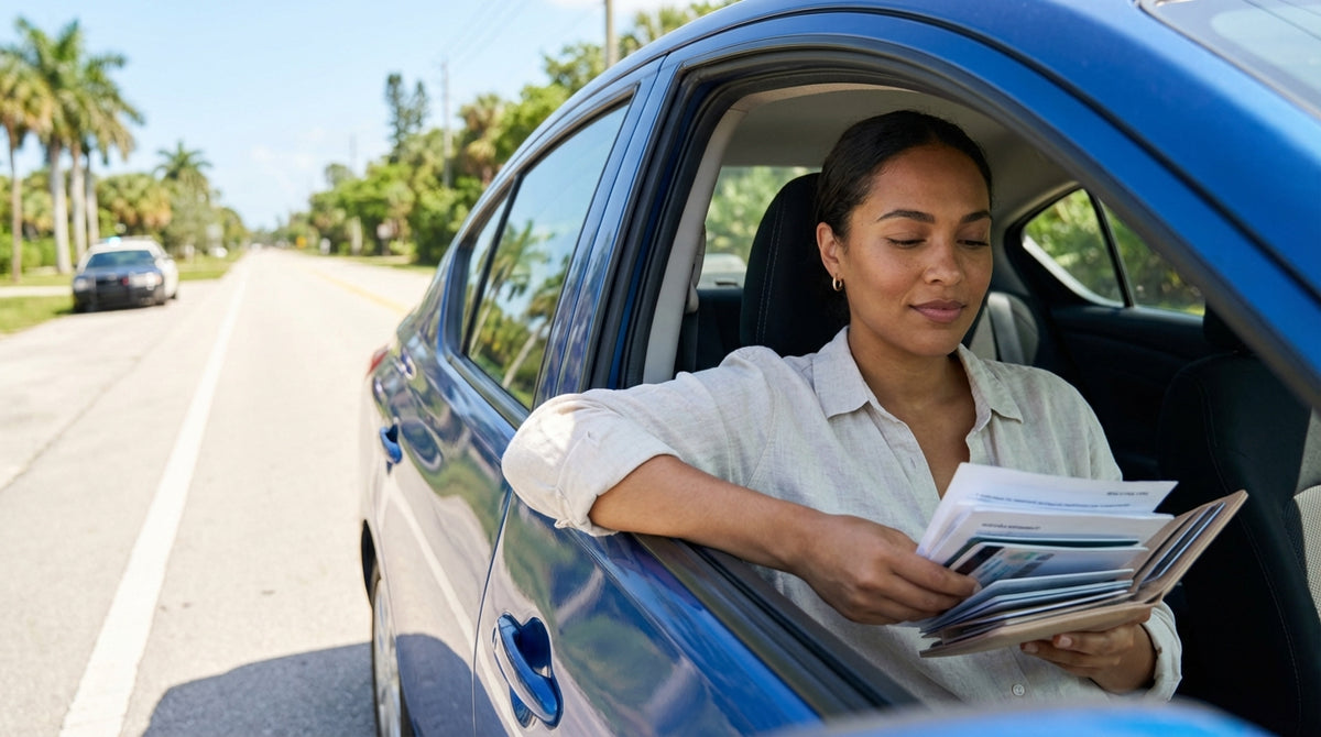 A modern car hire driving on a highway lined with palm trees under a sunny blue sky in Orlando