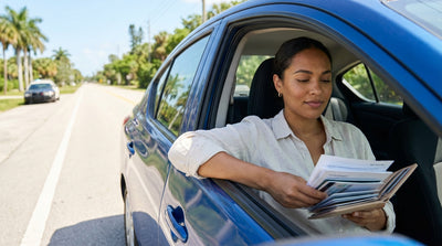 A modern car hire driving on a highway lined with palm trees under a sunny blue sky in Orlando
