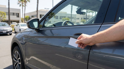 A hand holds a key card to a modern car rental on a sunny California street lined with palm trees