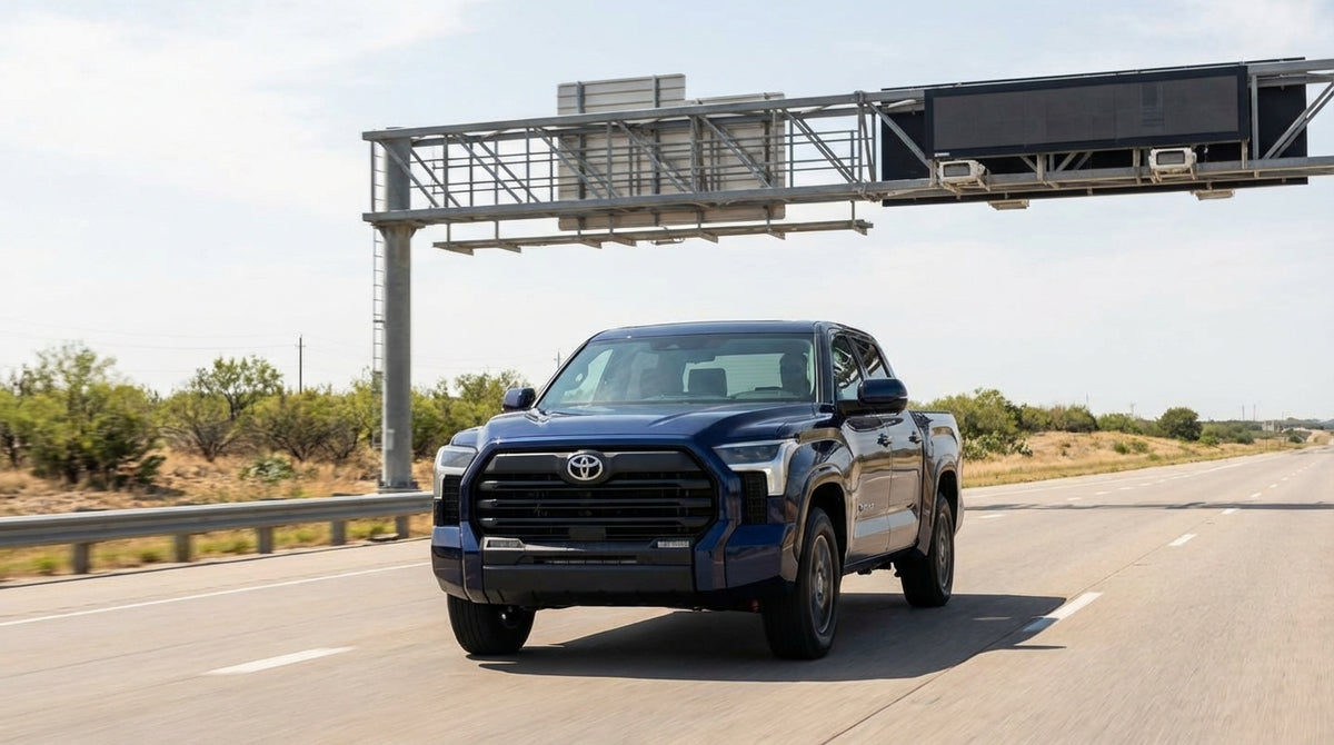 A car hire driving under a cashless toll gantry on a sunny highway in Texas