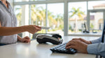 Close up of a person handing a credit card to an agent at a Florida car hire counter