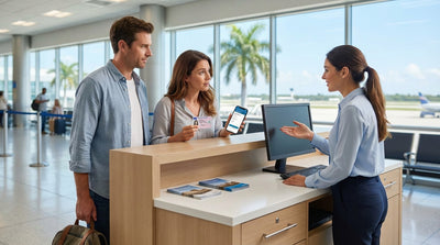 A traveler at the Orlando airport car hire desk showing their passport and driver's licence