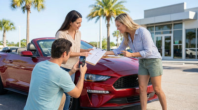 A person photographs a small scratch on a silver car rental vehicle in a sunny Orlando parking lot