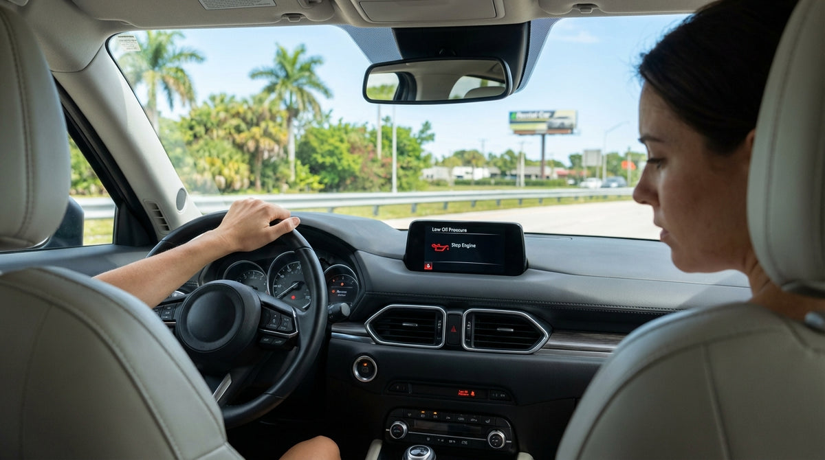A car rental pulled over on a sunny Florida highway shoulder with its hood open and palm trees in the background