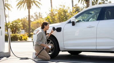 A frustrated driver tries to open the charge port on their electric car hire in sunny California