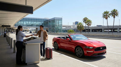 Traveler handing a credit card to a desk agent for a car hire at Los Angeles International Airport