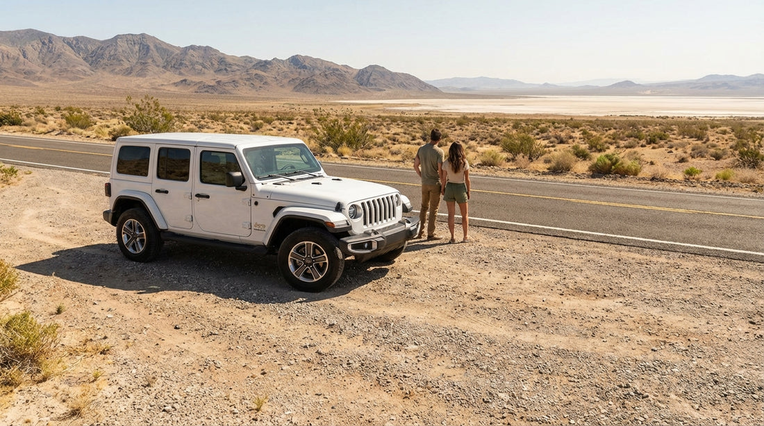 A modern car hire parked on a gravel pull-off with a scenic view of the desert mountains outside Las Vegas