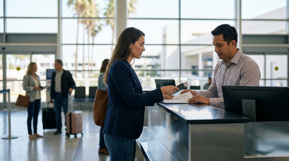 A traveler at a car rental desk in Los Angeles airport shows their documents to an agent for verification
